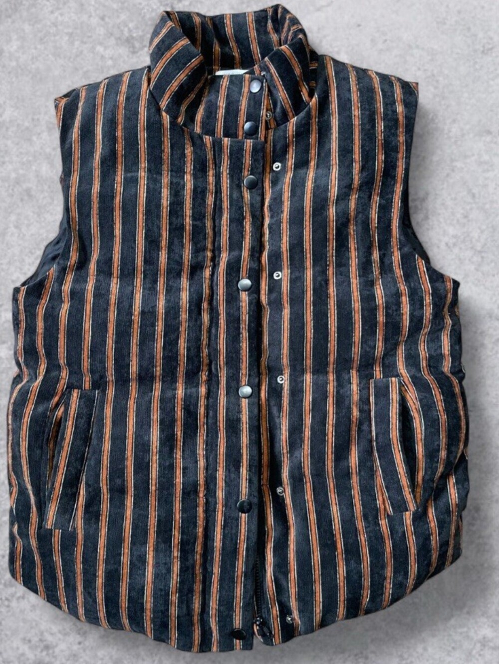 Urban Outfitters Women’s M Striped Puffer Vest Black Orange Corduroy Lined Warm